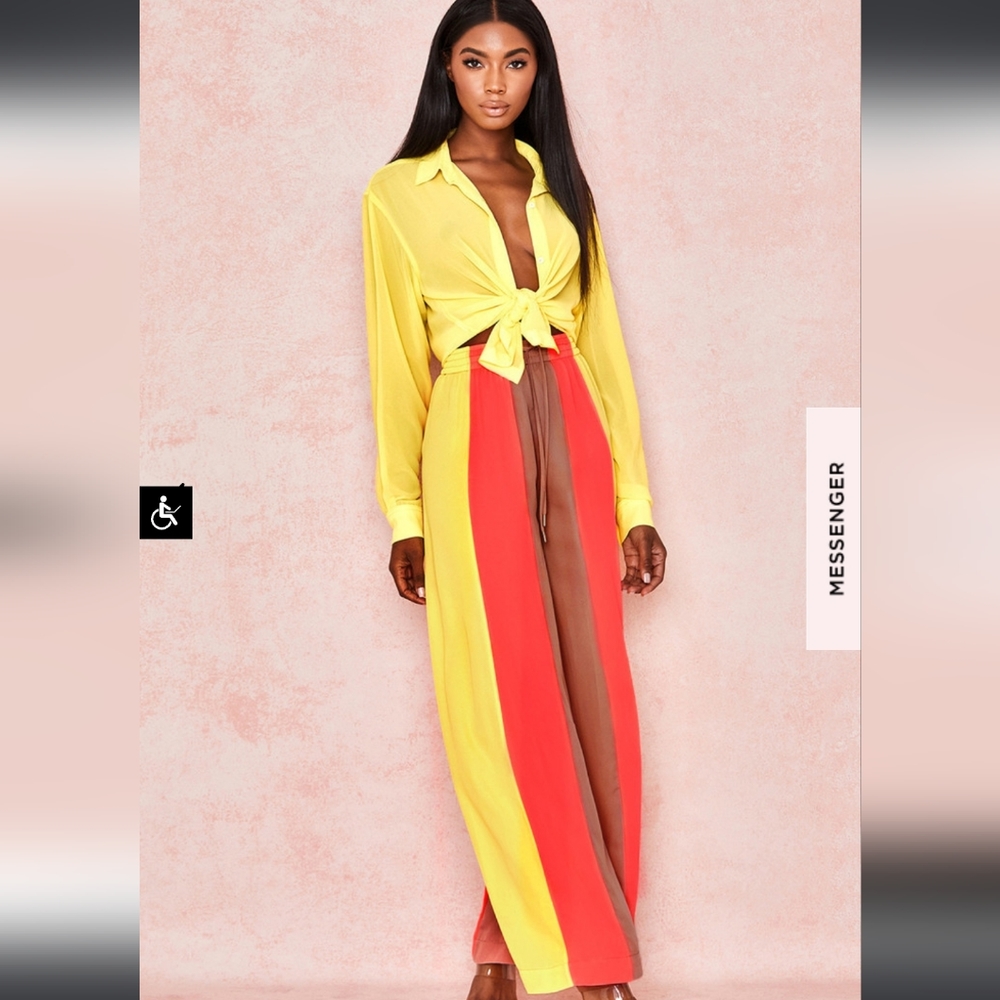 House Of CB Margot Yellow Colour Block Wide Leg Trousers High-Waist NWT …